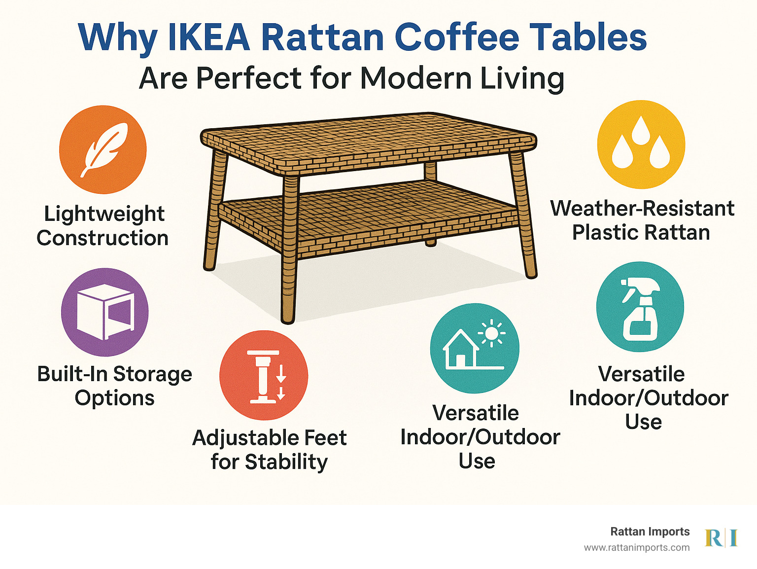 Comparison infographic showing scandinavian rattan coffee table benefits: lightweight construction, weather-resistant synthetic rattan, built-in storage options, adjustable feet for stability, easy maintenance requirements, and versatile indoor/outdoor use - scandinavian rattan coffee table infographic