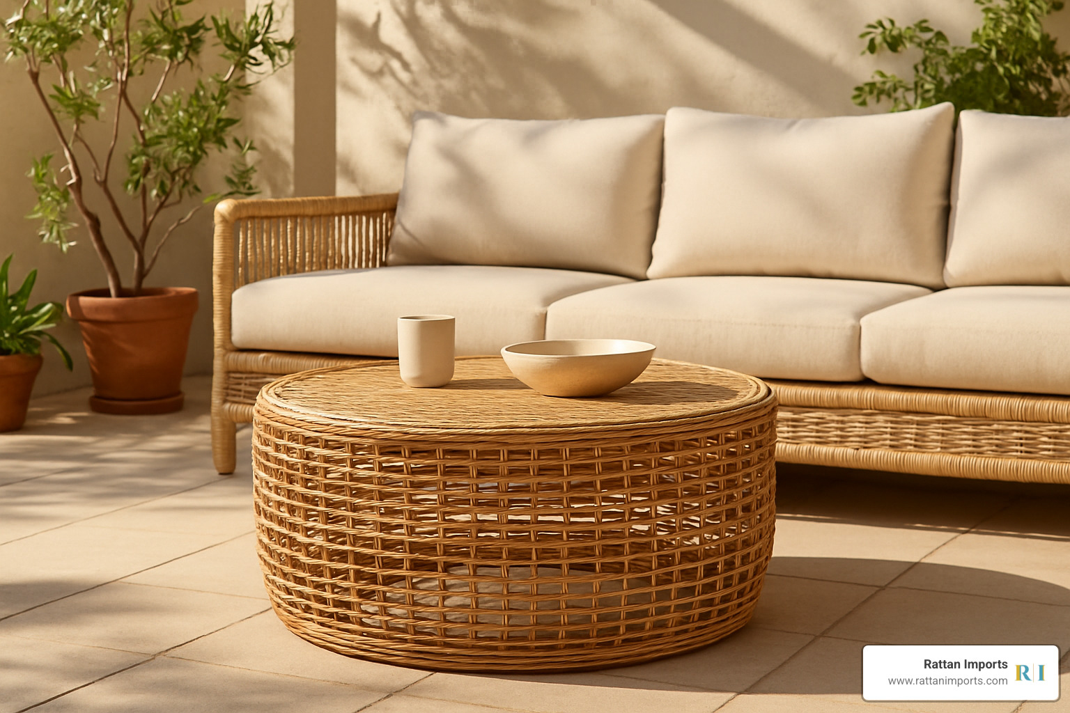 rattan coffee table on sunny patio next to outdoor sofa - scandinavian rattan coffee table