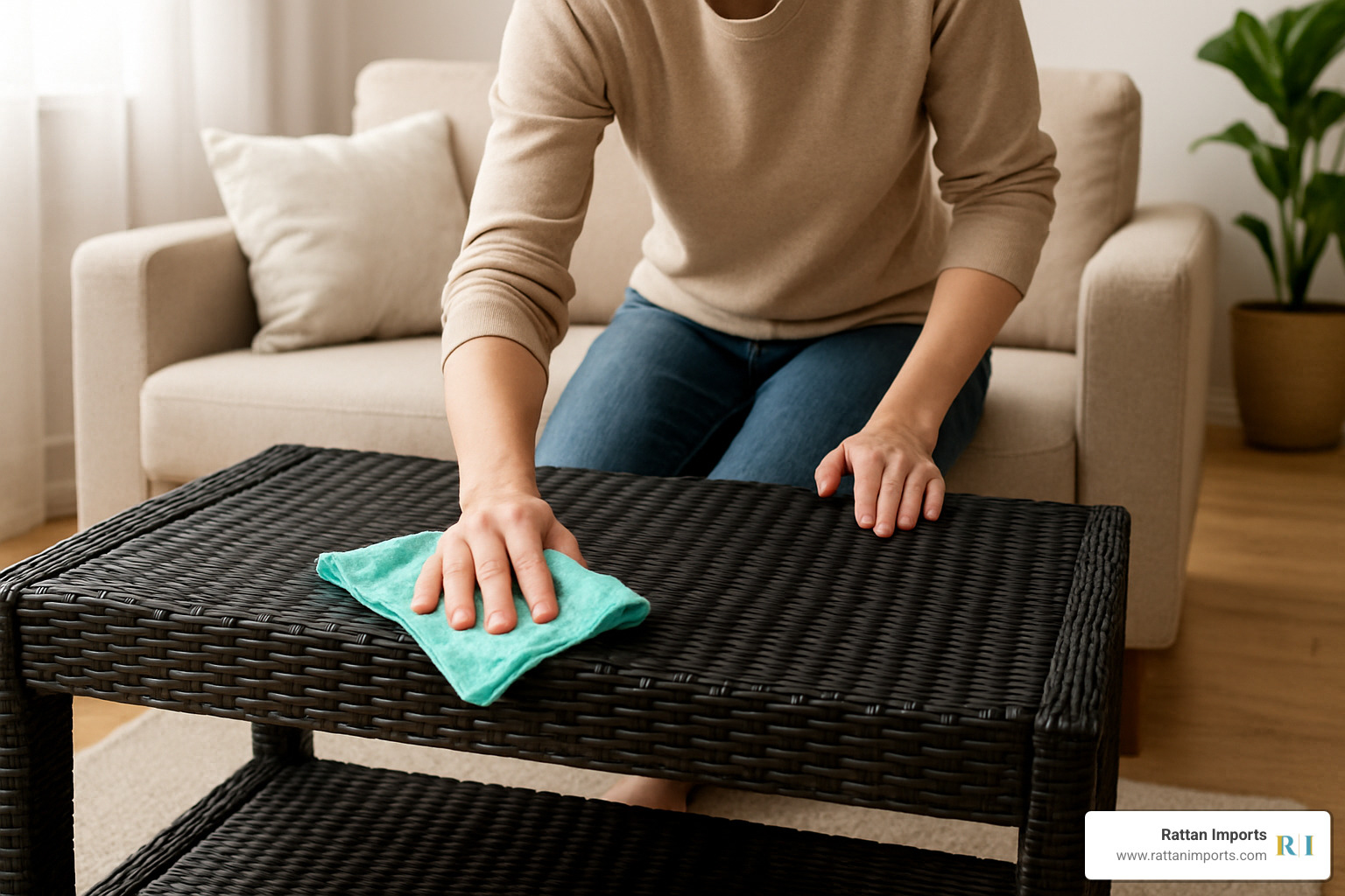 person gently cleaning a black rattan coffee table with a microfiber cloth - black rattan coffee table