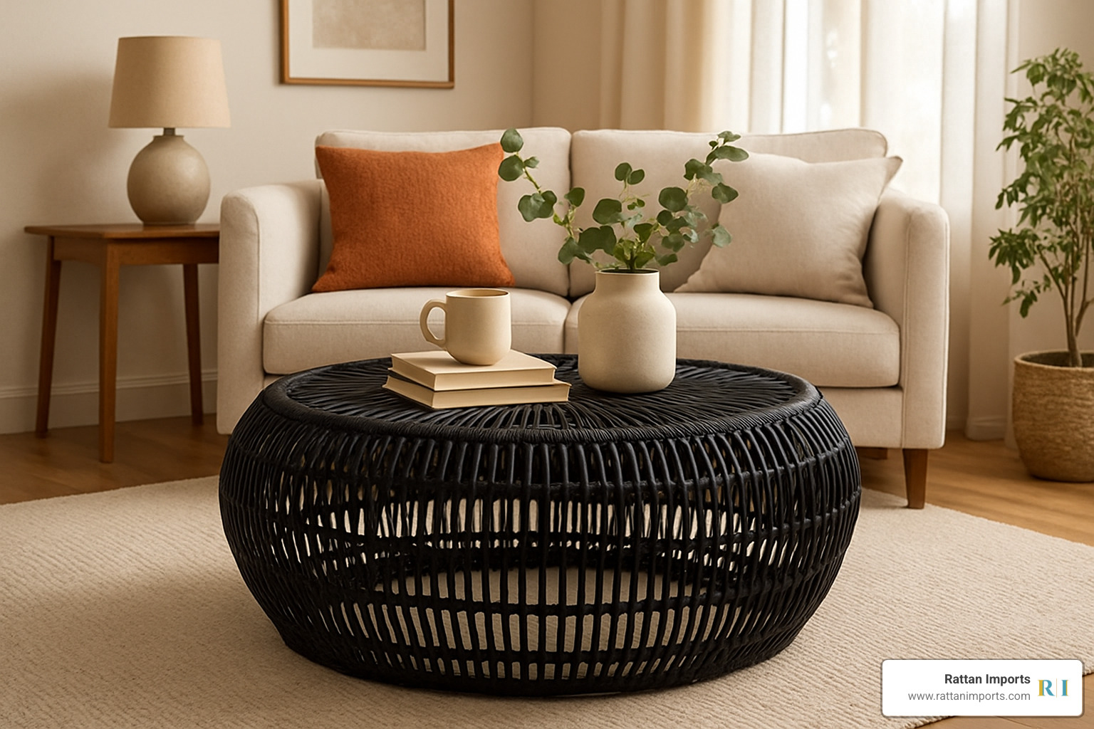 round black rattan coffee table in a cozy living room setting - black rattan coffee table