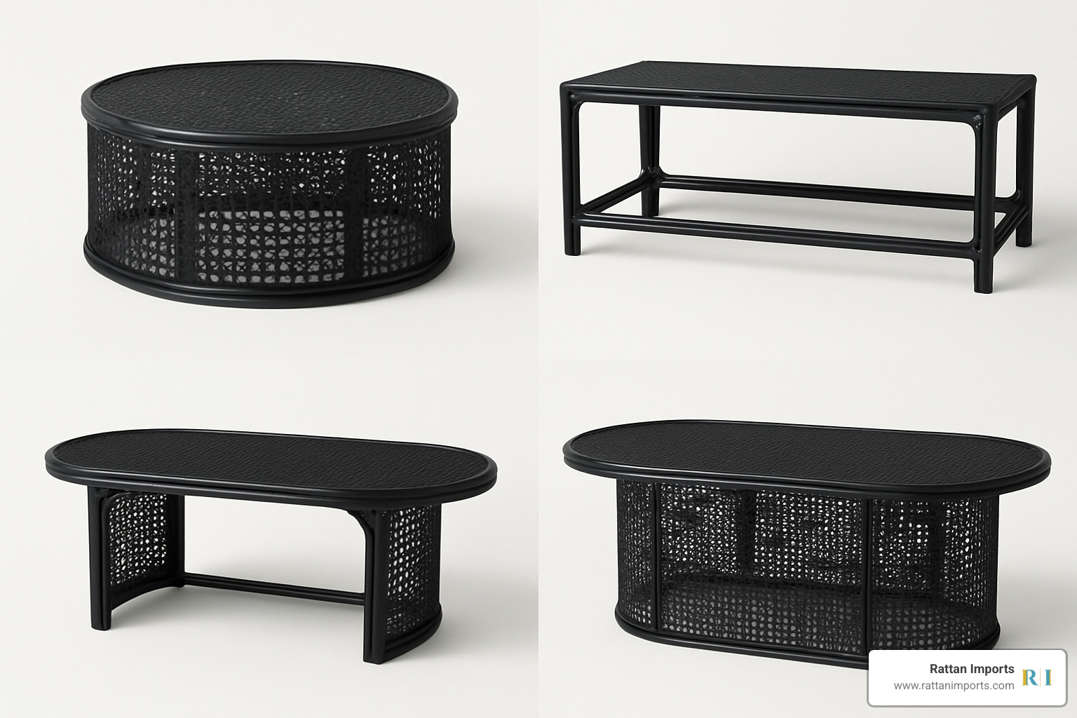 collage of various black rattan coffee table shapes including round, rectangular, and oval designs - black rattan coffee table