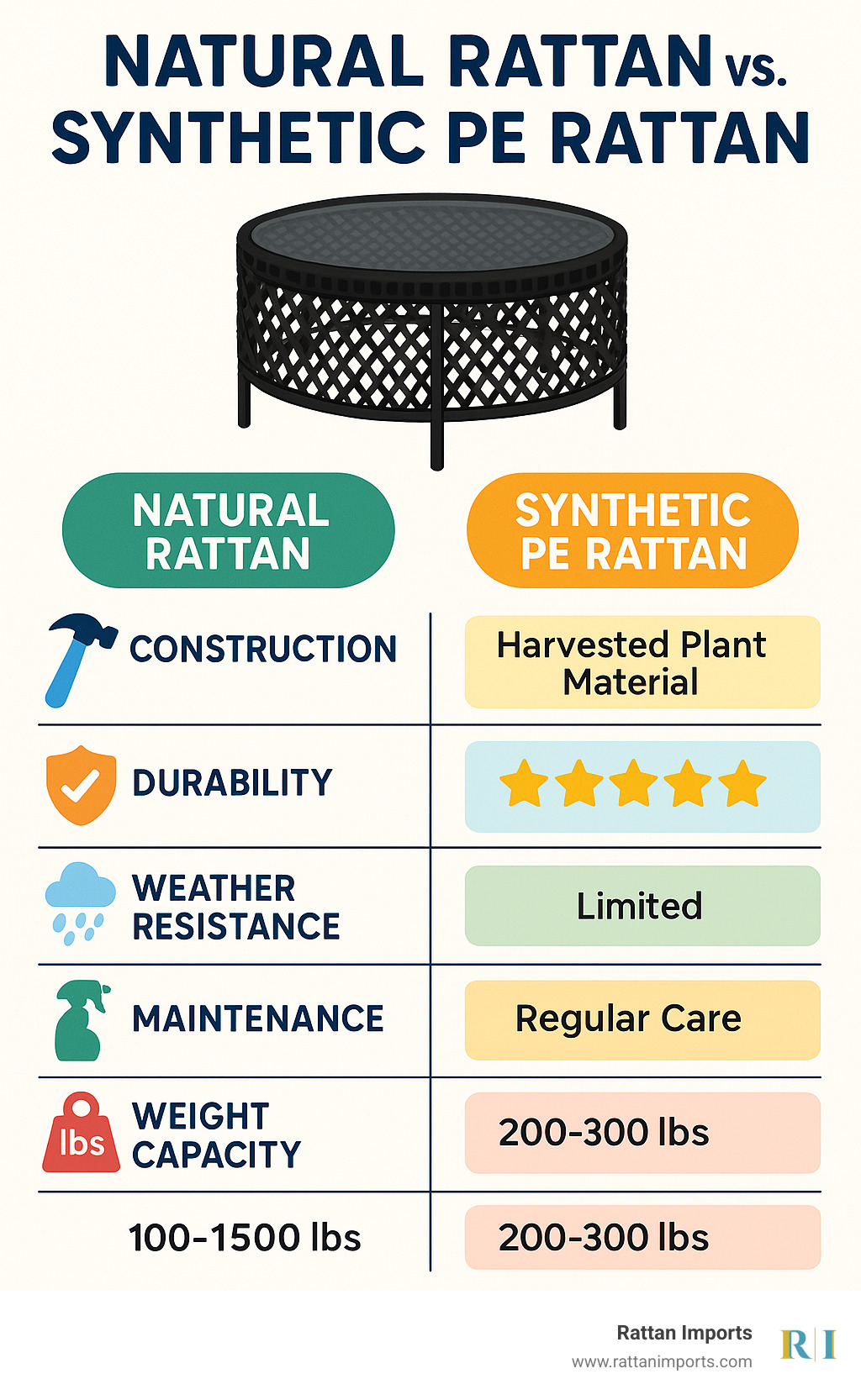 Infographic comparing natural rattan vs synthetic PE rattan construction methods, durability ratings, weather resistance, maintenance requirements, and typical weight capacity ranges for black rattan coffee tables - black rattan coffee table infographic 