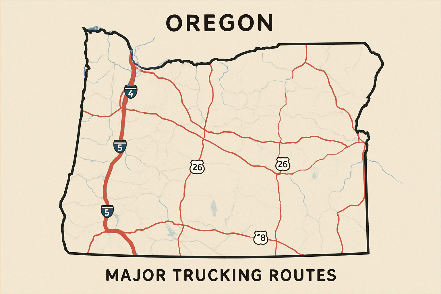 Oregon state outline with trucking routes highlighted - cdl training oregon