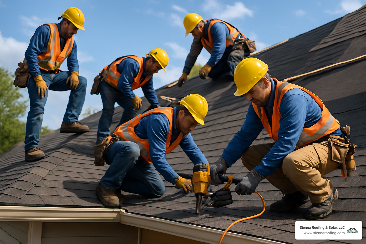 Professional roofing crew safely working on a residential roof installation - roof installation sugar land