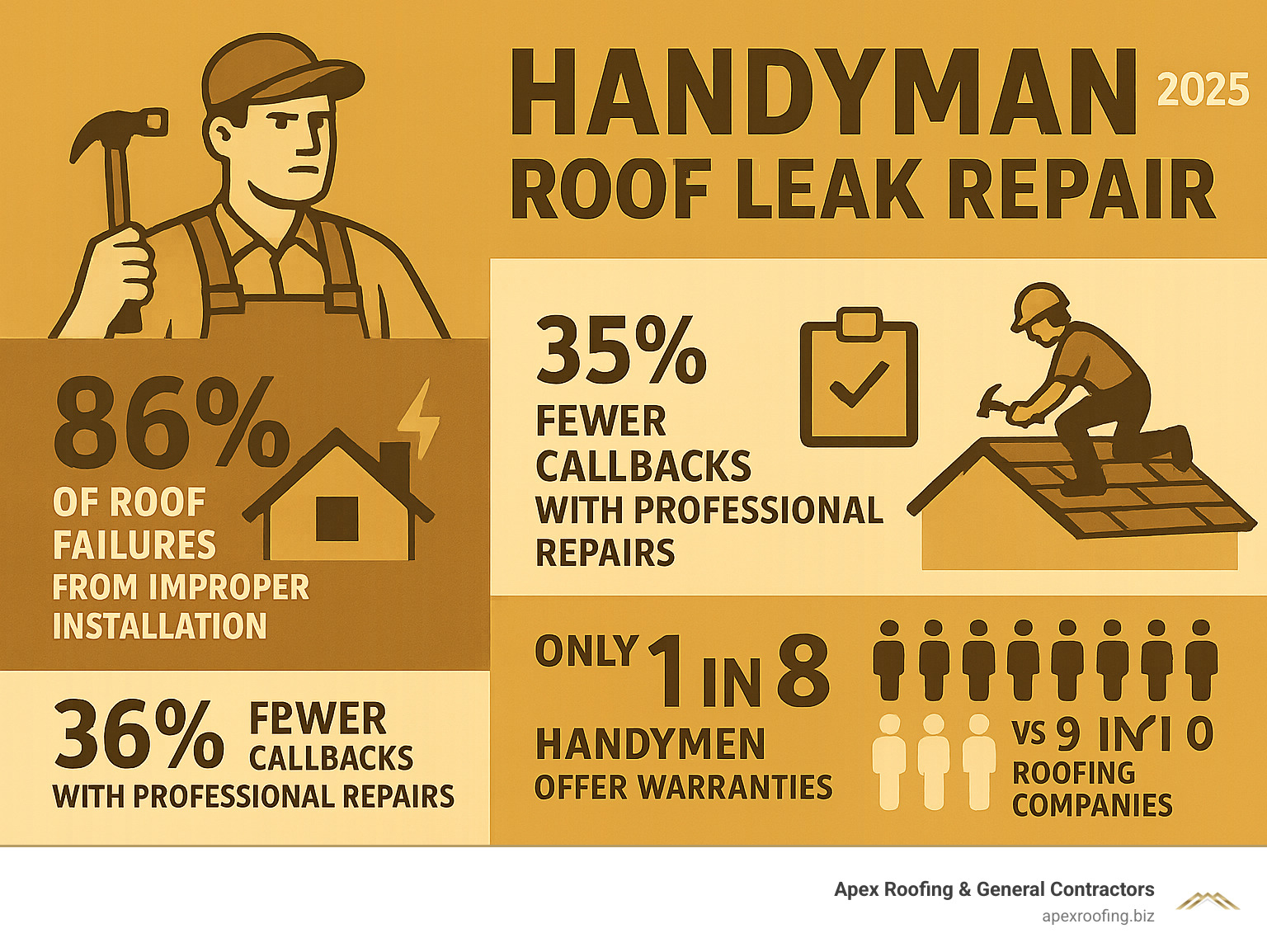 Infographic showing statistics: 86% of roof failures from improper installation, 35% fewer callbacks with professional repairs, 42% lower accident rates for professional roofers, only 1 in 8 handymen offer warranties vs 9 in 10 roofing companies - handyman roof leak repair infographic 