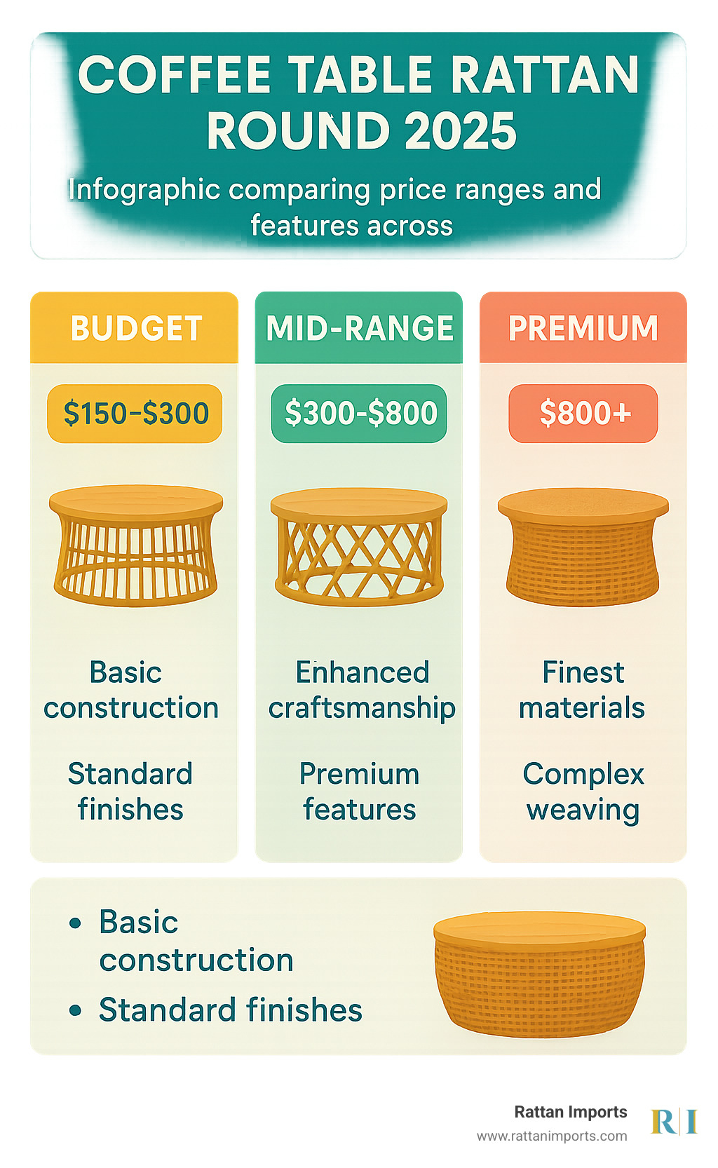 Infographic comparing price ranges and features across budget, mid-range, and premium round rattan coffee tables - coffee table rattan round infographic 