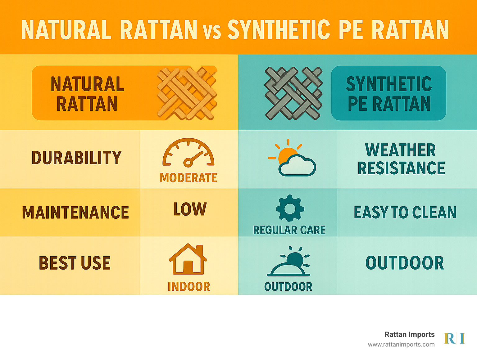 Infographic showing key differences between natural rattan and synthetic PE rattan, including durability ratings, weather resistance levels, maintenance requirements, and best use cases for indoor versus outdoor applications - rattan sofa infographic 