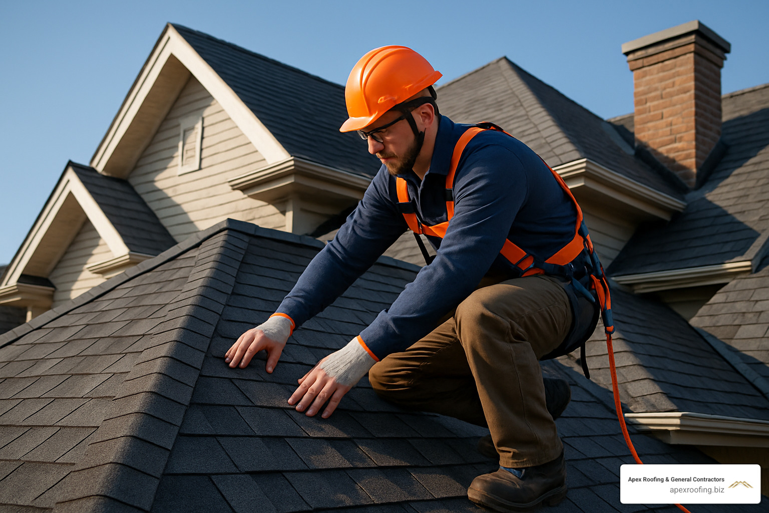 A professional roofer in safety gear working on a complex roof - handyman roof leak repair