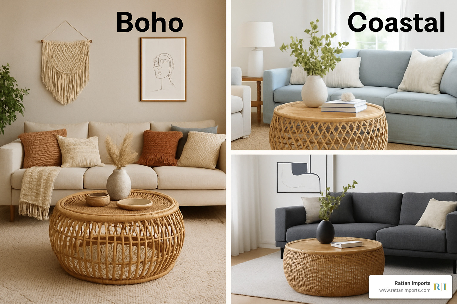 mood board showing different interior design styles including Boho, Coastal, and Modern aesthetics with round rattan coffee tables as focal points - coffee table rattan round