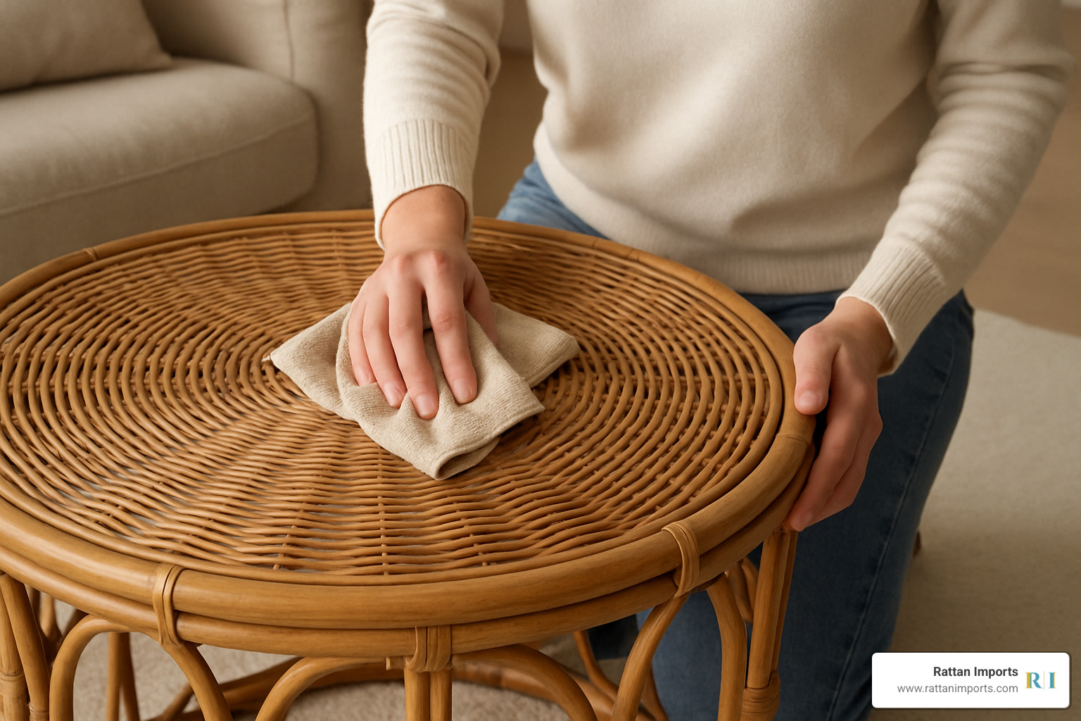 person gently cleaning a round rattan coffee table with a soft microfiber cloth - coffee table rattan round