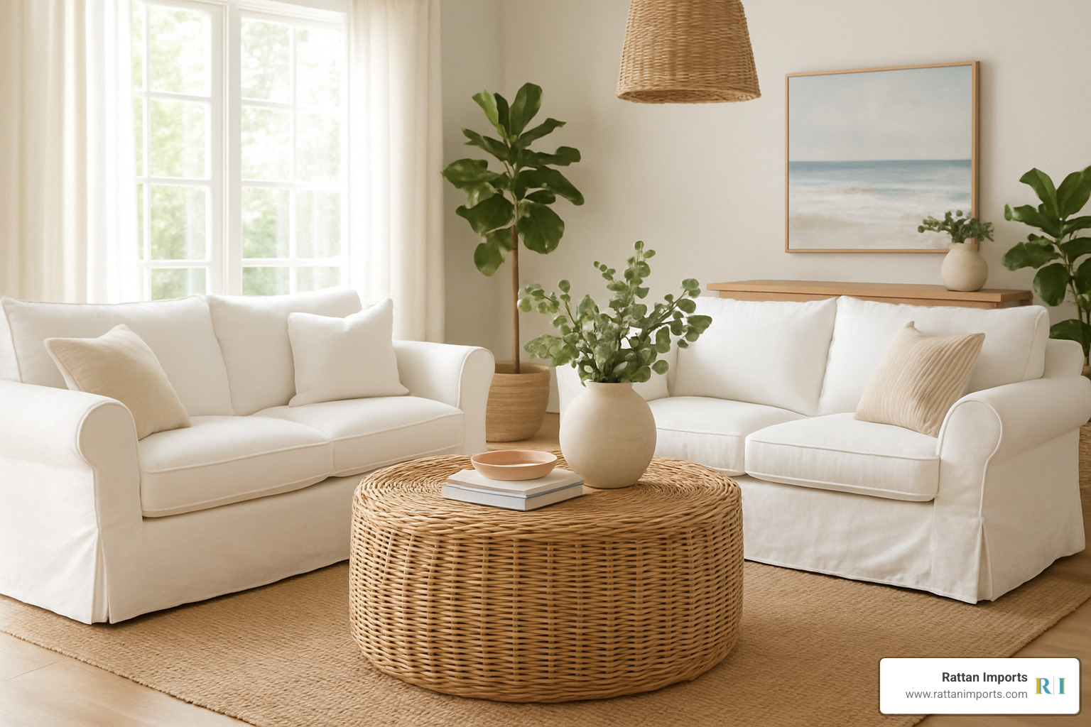light-toned round rattan coffee table in a coastal or farmhouse setting with white sofas and natural lighting - coffee table rattan round