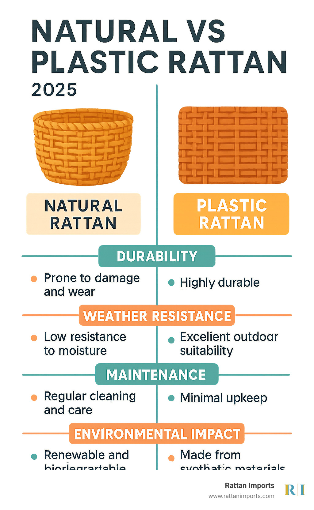 Infographic comparing natural rattan versus plastic rattan across durability, weather resistance, maintenance requirements, and environmental impact factors - scandinavian rattan coffee table infographic