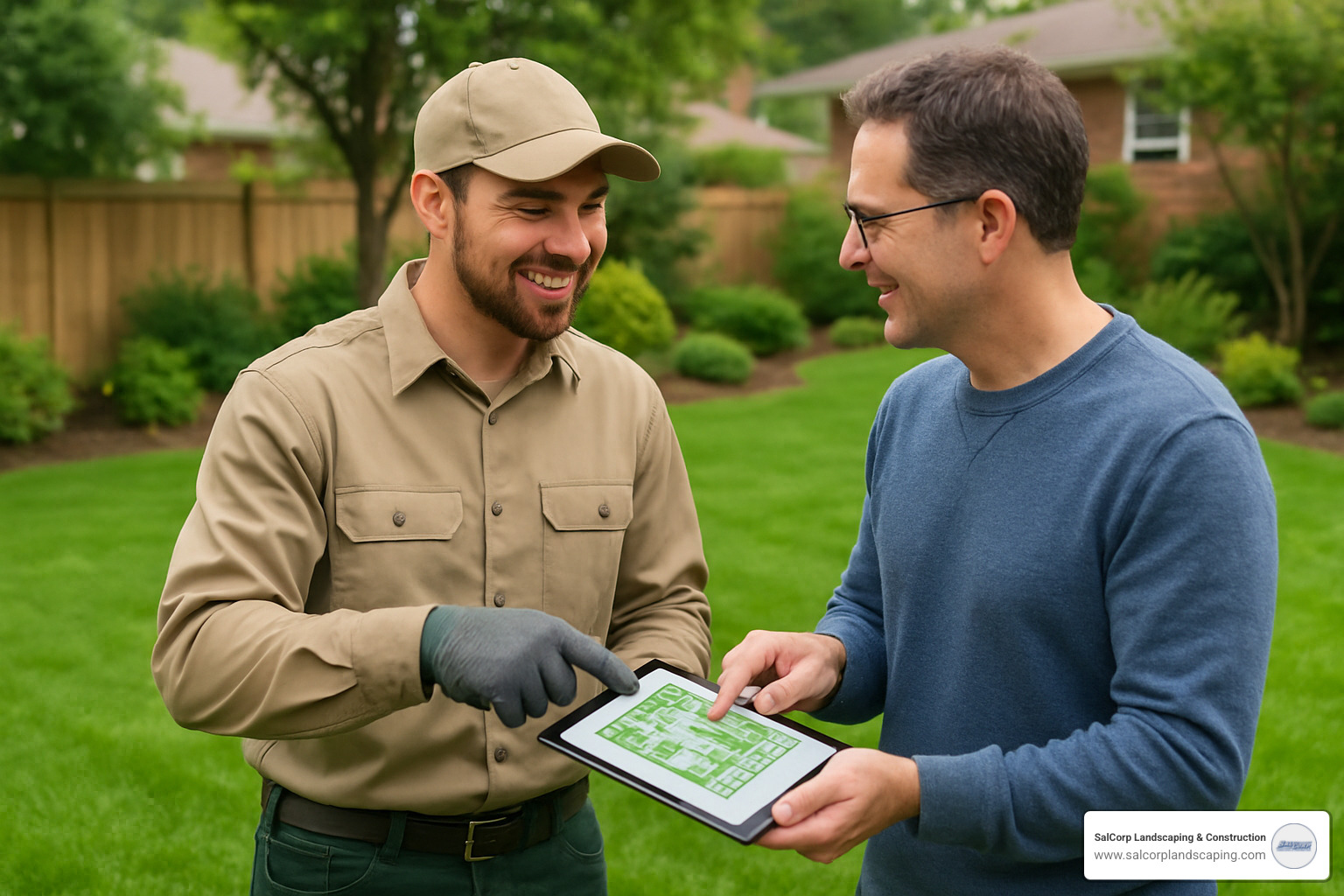 Friendly landscaping contractor discussing project plans with homeowner - grass seed installers near me