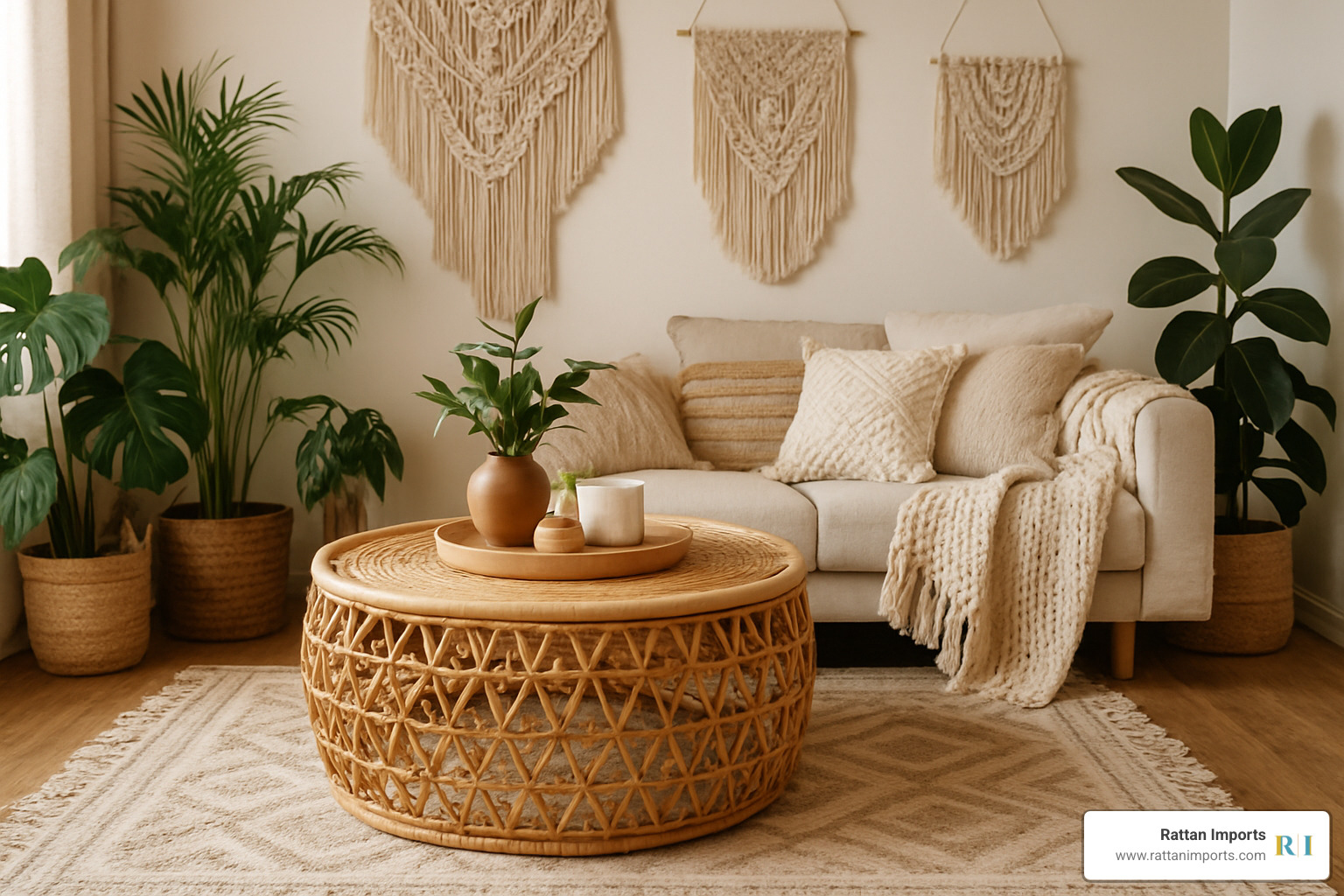 round rattan coffee table in a boho-chic living room surrounded by plants, macrame wall hangings, and layered textiles - coffee table rattan round