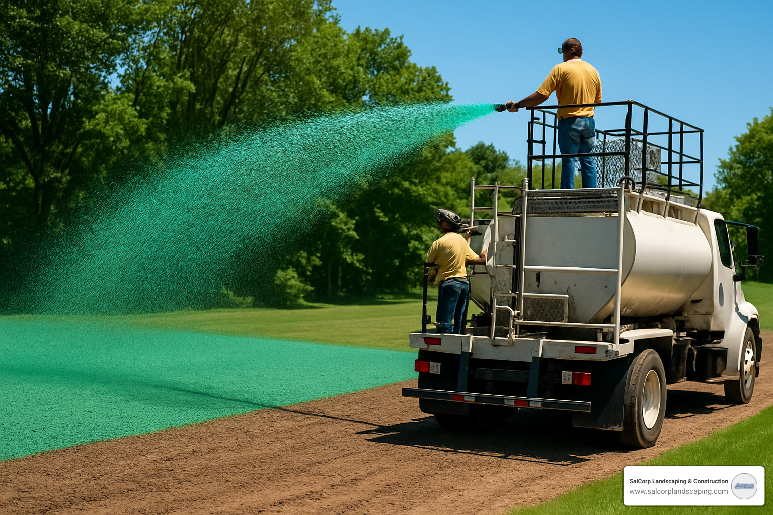 Hydroseeding truck spraying vibrant green slurry onto prepared lawn - grass seed installers near me