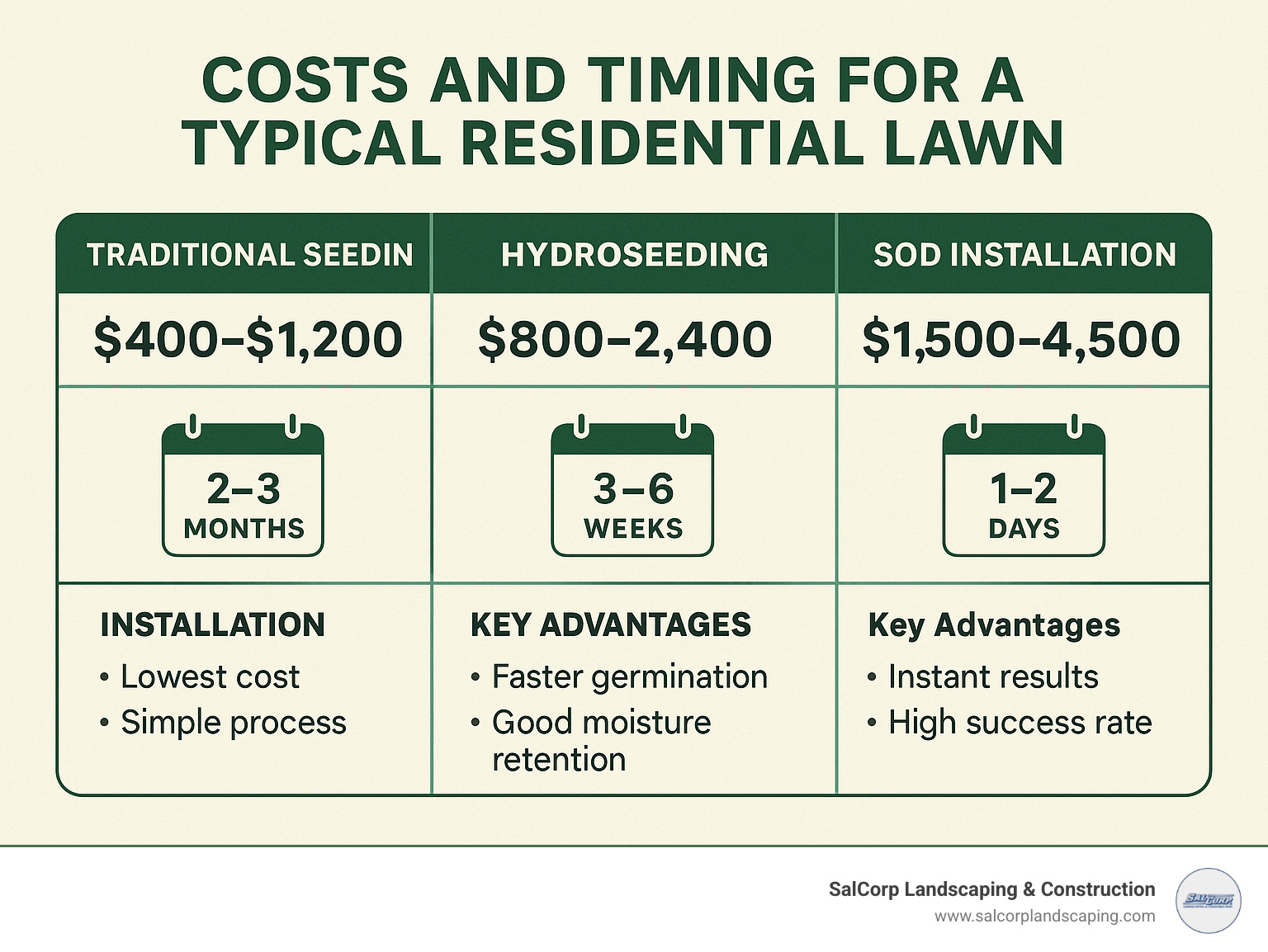 Infographic comparing cost ranges, installation timeframes, and key advantages of traditional seeding ($400-$1,200), hydroseeding ($800-$2,400), and sod installation ($1,500-$4,500) for a typical residential lawn - grass seed installers near me infographic 