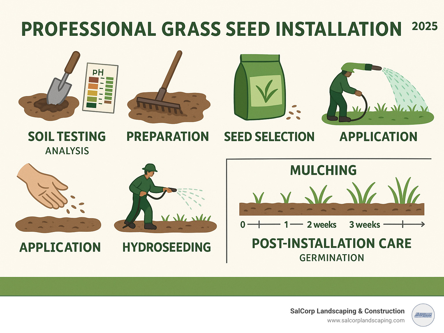 Infographic showing the step-by-step process of professional grass seed installation, including soil testing, preparation, seed selection, application methods (traditional broadcasting vs hydroseeding), mulching, and post-installation care timeline with germination milestones - grass seed installers near me infographic 