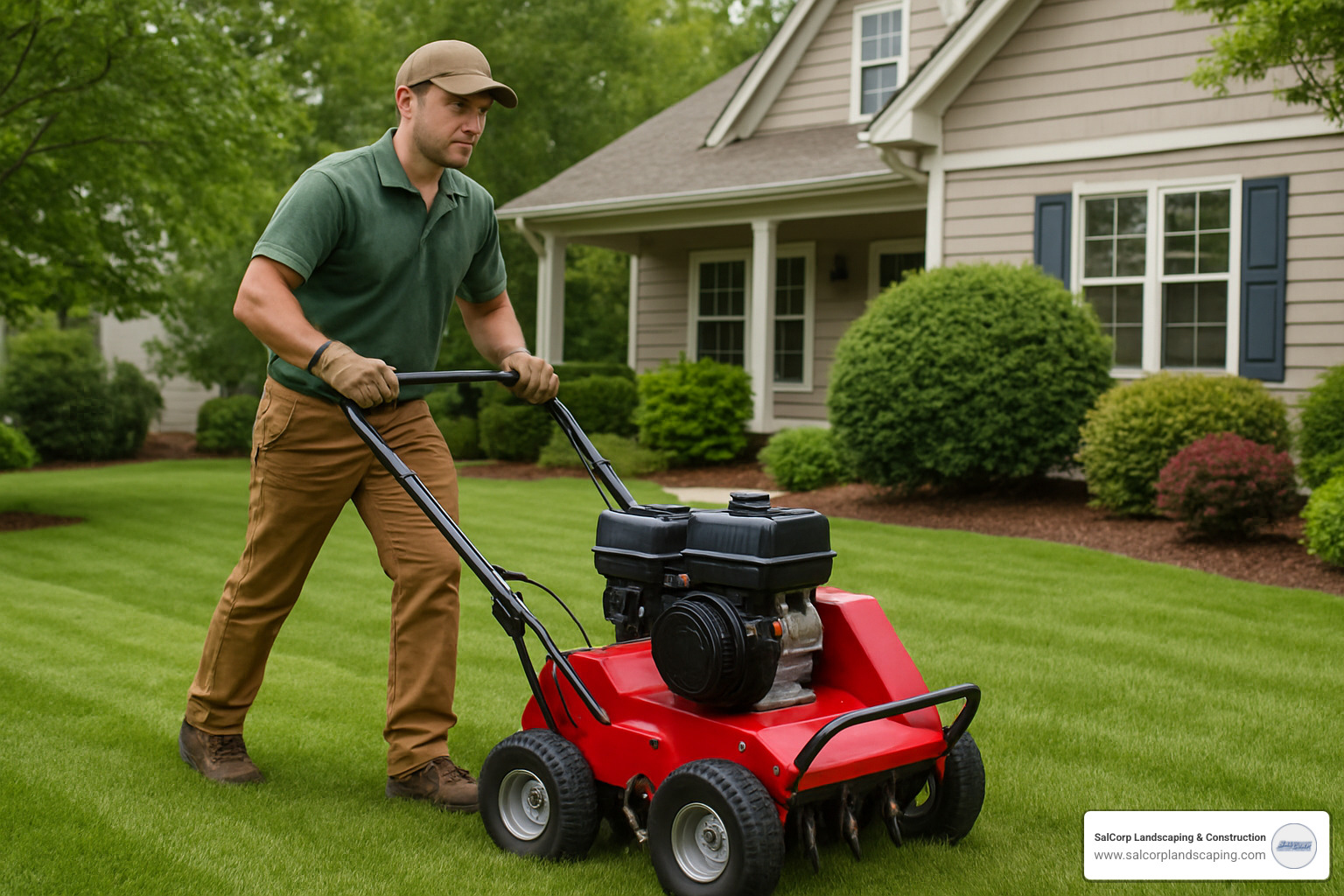 Professional landscaper using an aerator machine on a residential lawn - grass seed installers near me