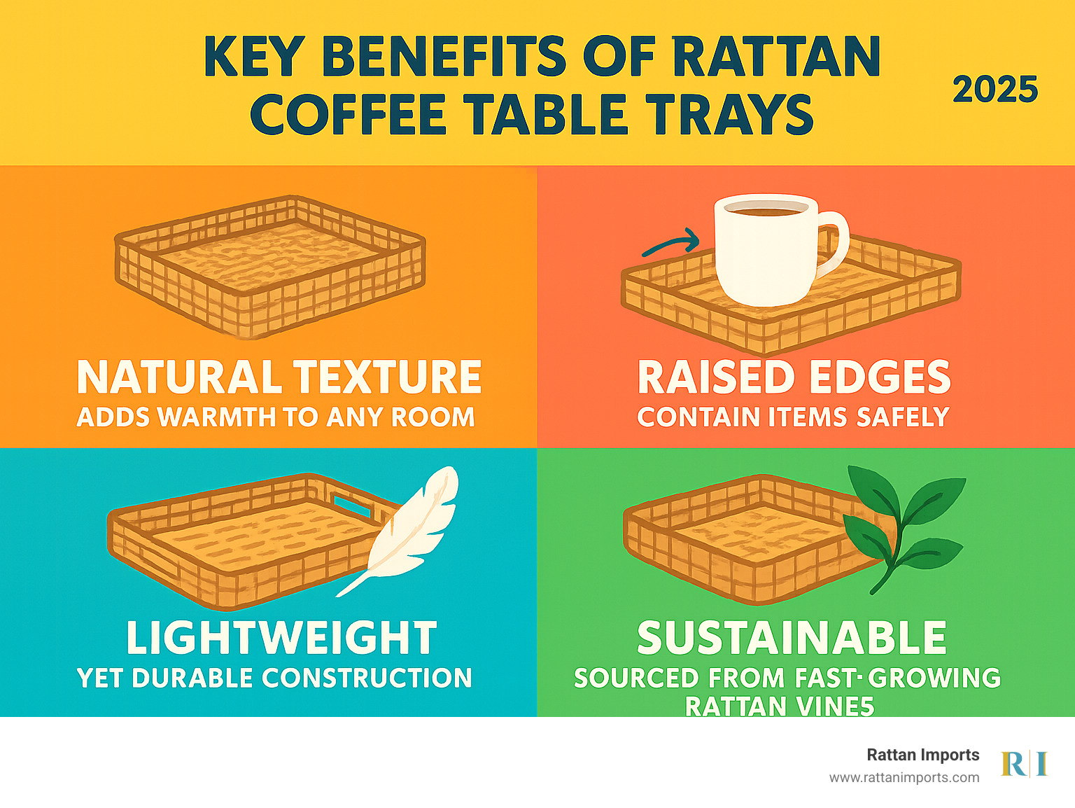Infographic showing the four key advantages of rattan coffee table trays: natural texture adds warmth to any room, raised edges contain items safely, lightweight yet durable construction supports daily use, and sustainable material sourced from fast-growing rattan vines - rattan coffee table tray infographic 