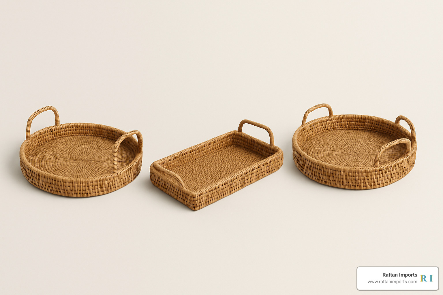 three different rattan coffee table trays side-by-side: one round, one rectangular, and one nesting set - rattan coffee table tray