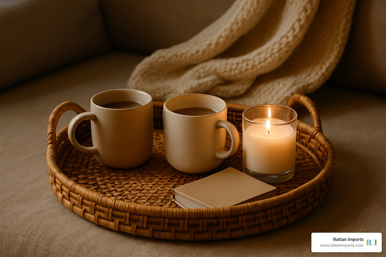 rattan tray table styled for a cozy evening with mugs, a candle, and a throw blanket draped nearby - rattan coffee table tray