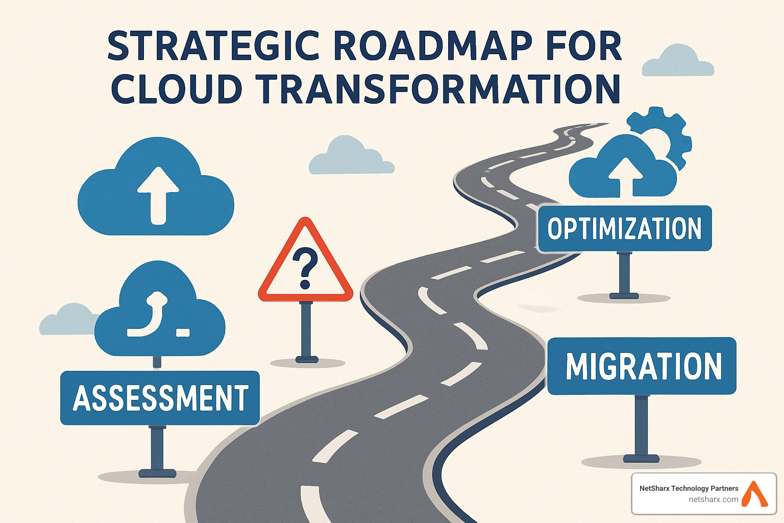 roadmap illustration showing key milestones and decision points in a cloud change journey - digital change and cloud computing