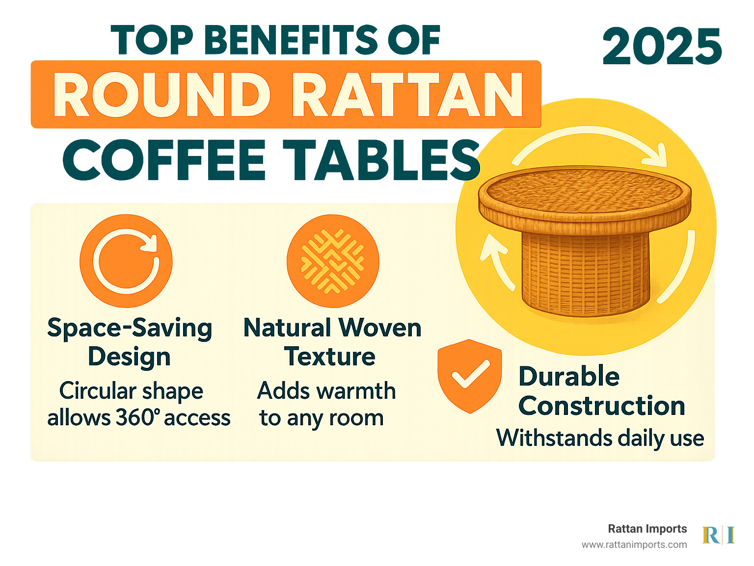 Infographic showing three key benefits of round rattan coffee tables: space-saving circular design with 360-degree access, natural woven texture that adds warmth to any room, and durable construction that withstands daily use while maintaining its beauty - coffee table rattan round infographic 