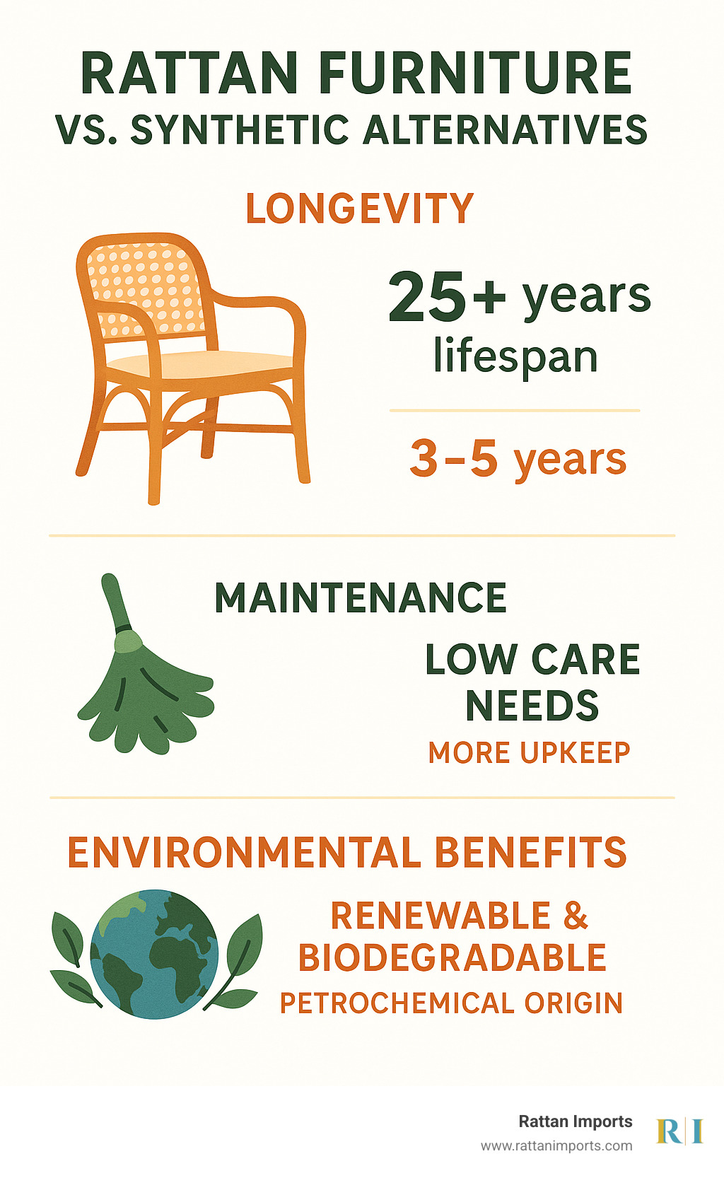 Statistics showing rattan furniture longevity, maintenance requirements, and environmental benefits compared to synthetic alternatives - rattan bedroom furniture infographic 