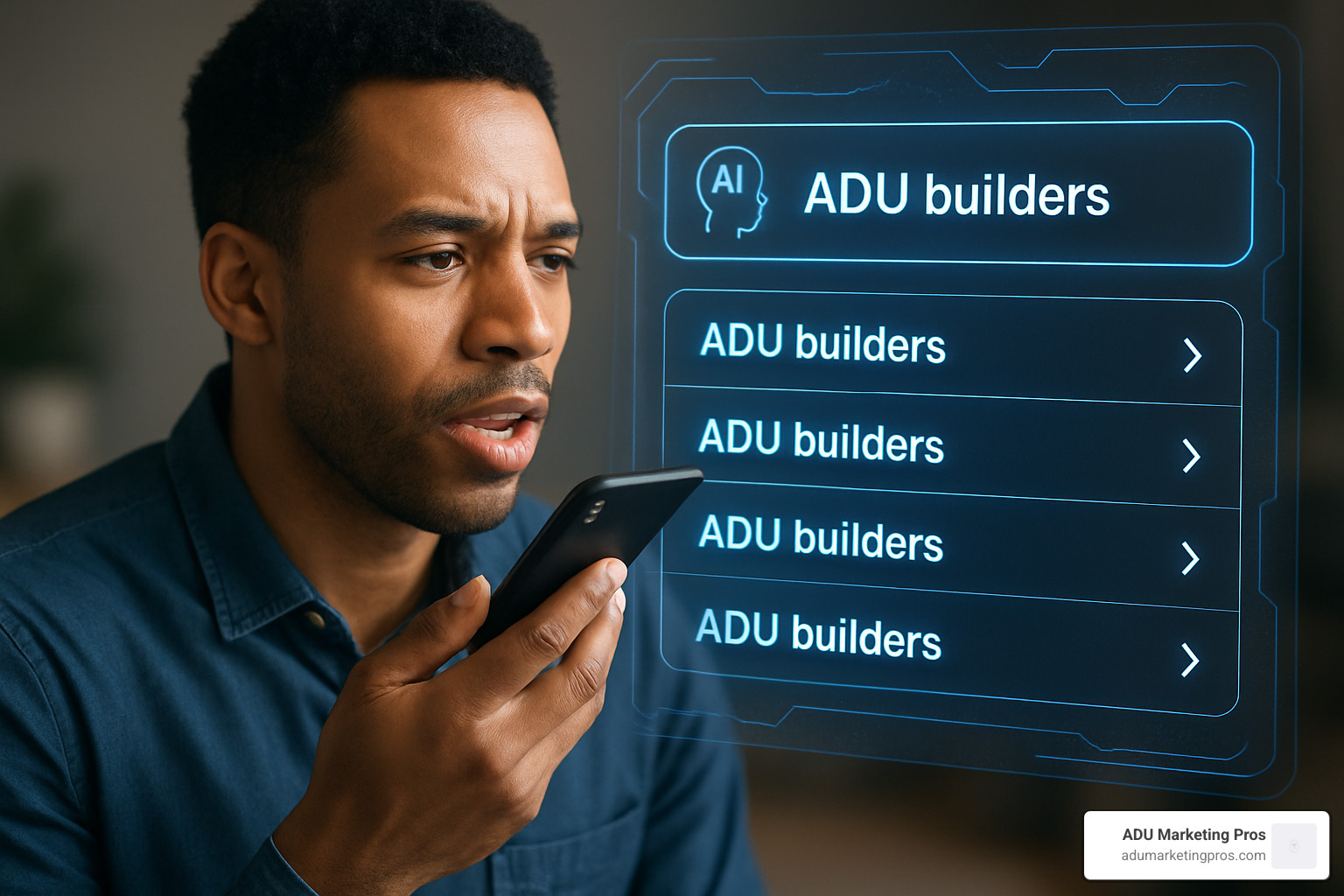 Person using voice search to find ADU builders with AI interface - local SEO for ADU companies