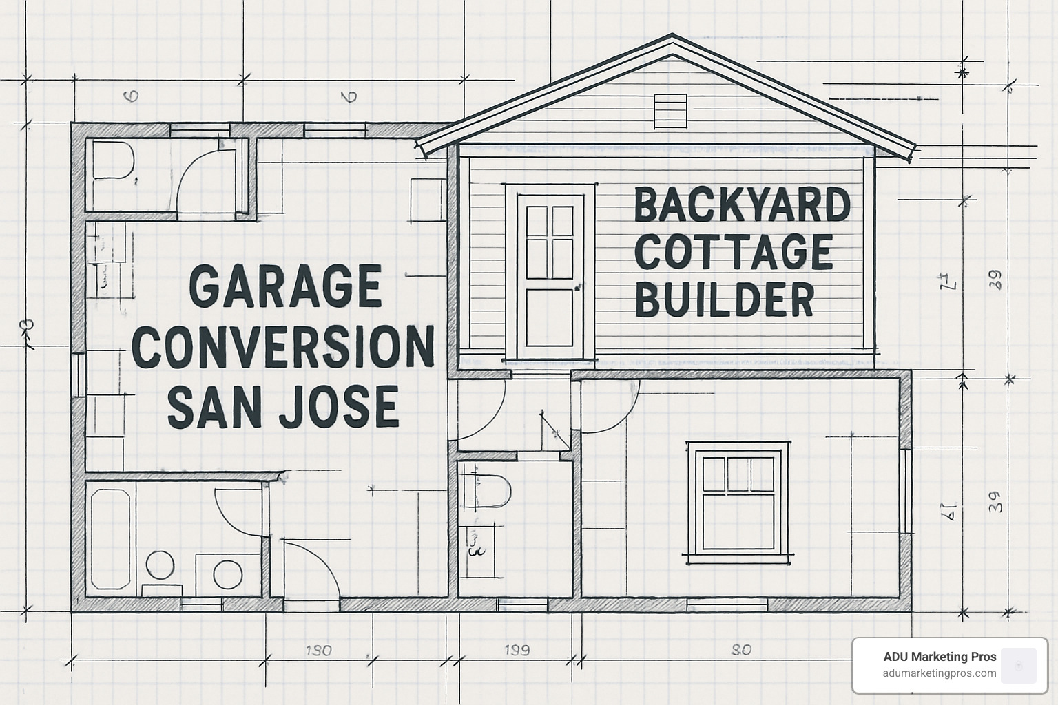 Blueprint with ADU keywords like garage conversion San Jose and backyard cottage builder - local SEO for ADU companies