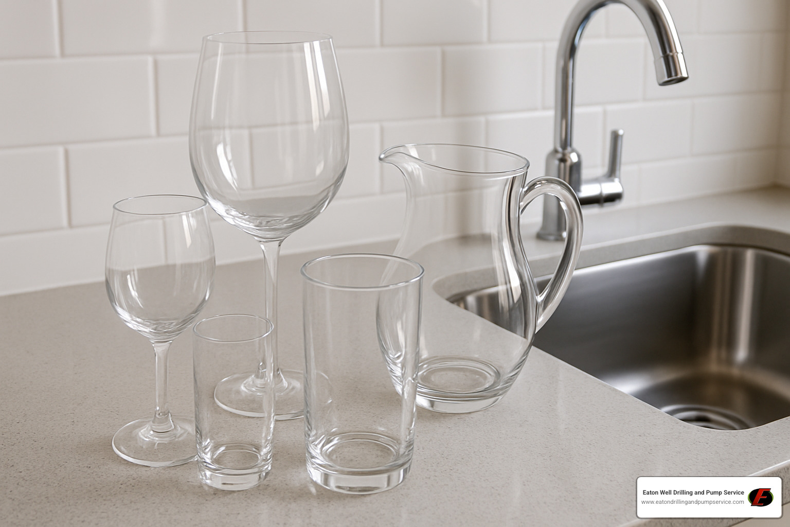 spotless glassware next to a sink without hard water stains - water conditioning ohio