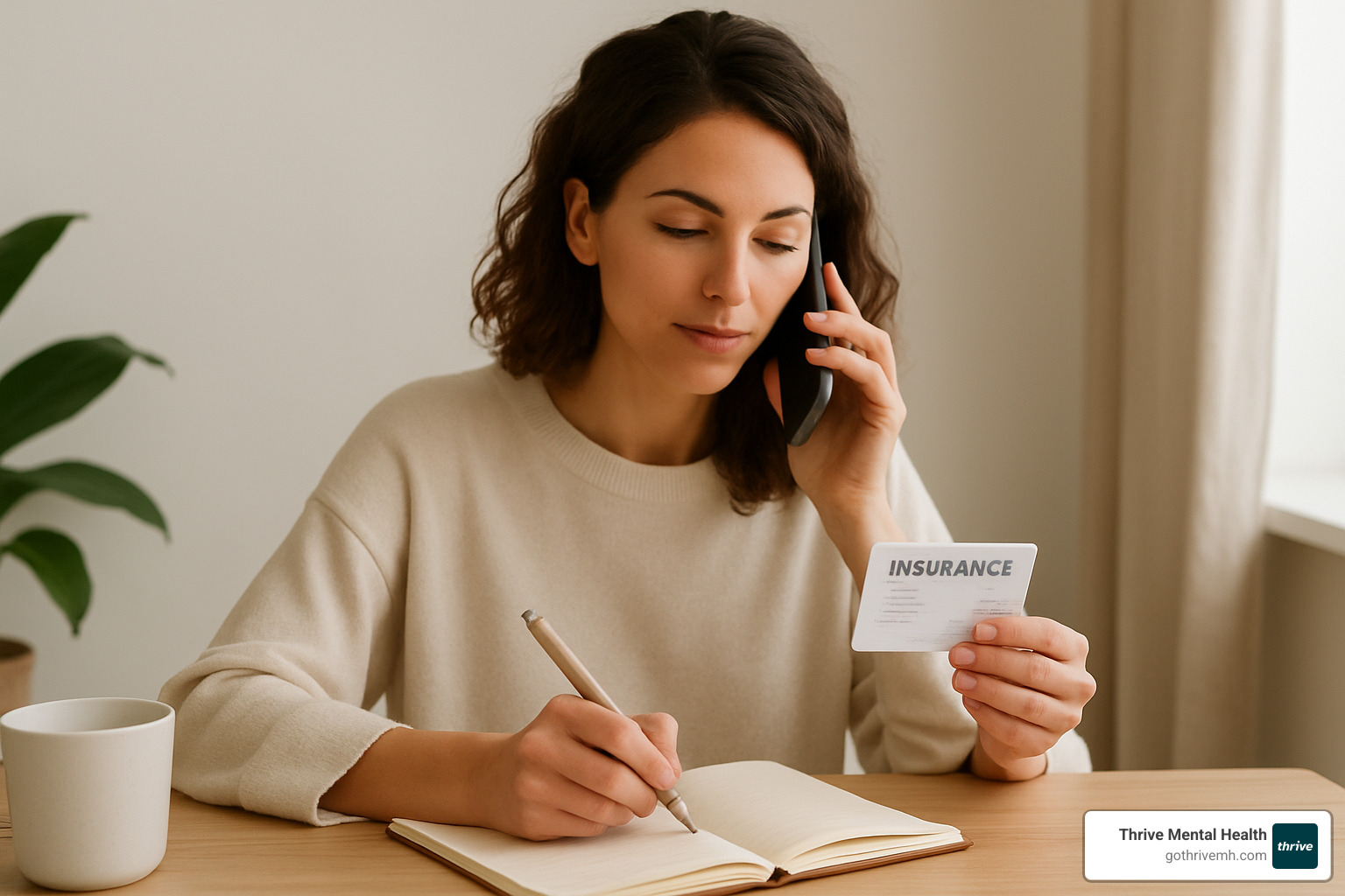 person on phone holding insurance card taking notes - medical insurance cover therapy