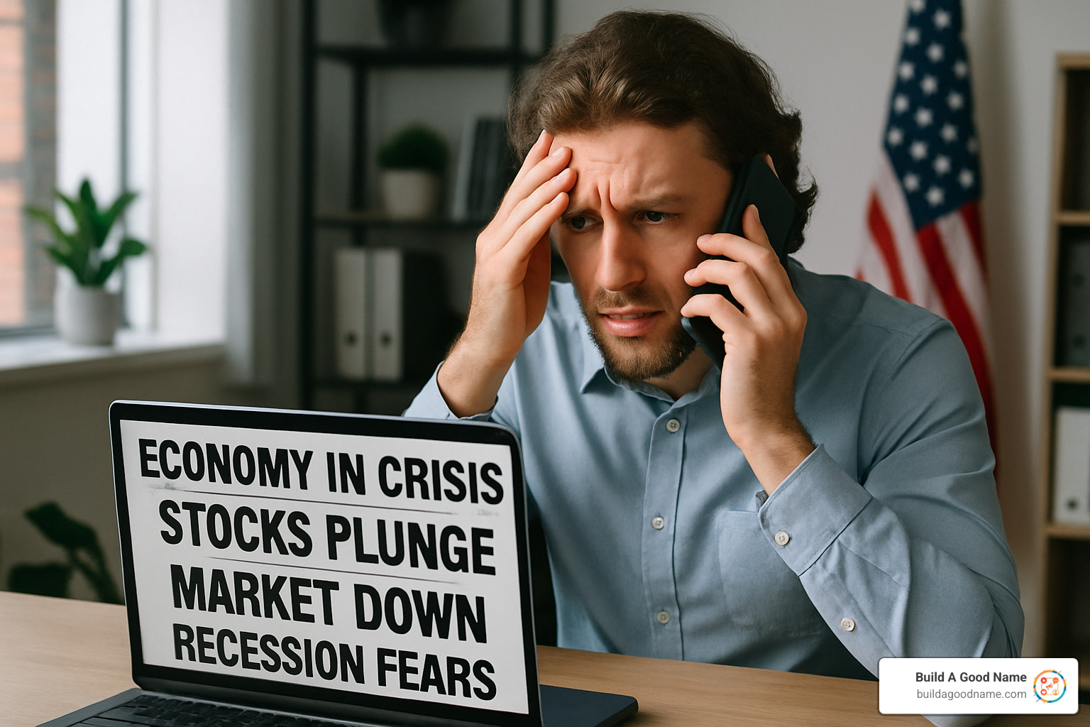 person looking stressed while on a phone call with a laptop showing negative headlines - reputation management expert