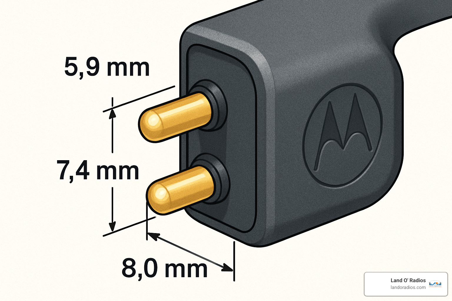 Motorola 2-pin connector with dimension callouts showing pin lengths and spacing - motorola radio earpiece