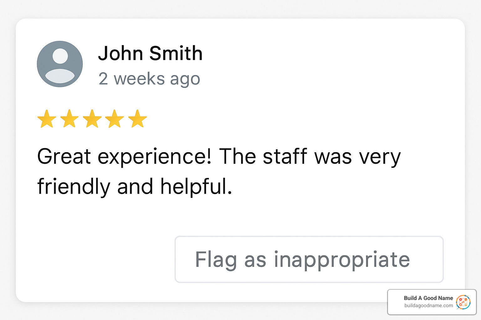 Screenshot showing the "flag as inappropriate" button on a Google review interface - review filtering tool