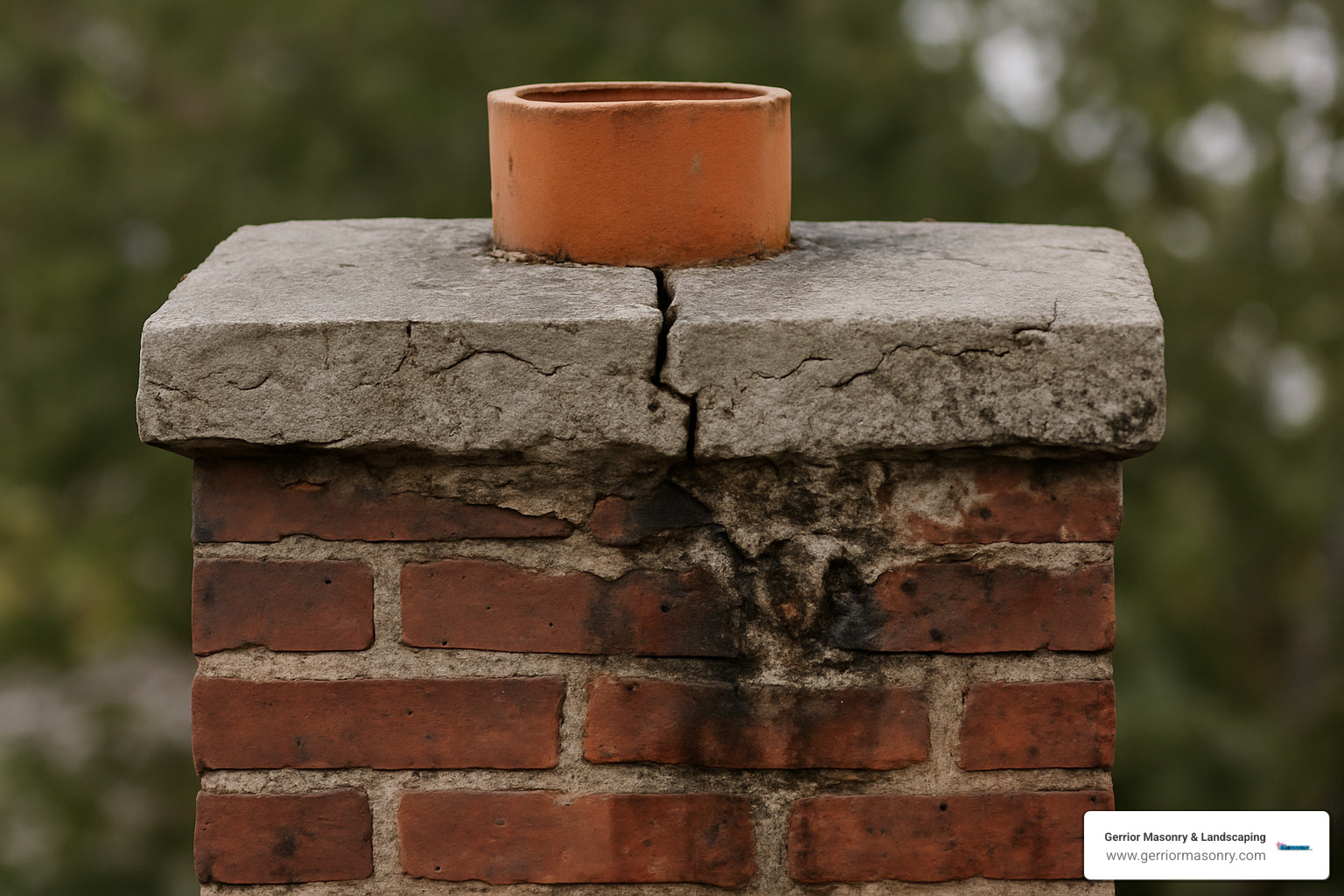 cracked chimney crown showing water damage and deterioration - chimney repair services