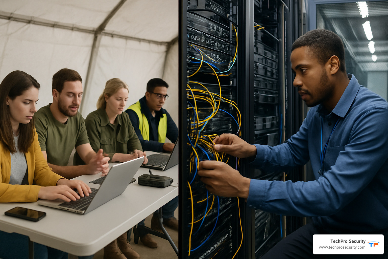 Split screen showing people working from a temporary location on the left and an IT technician restoring a server on the right - business continuity vs disaster recovery