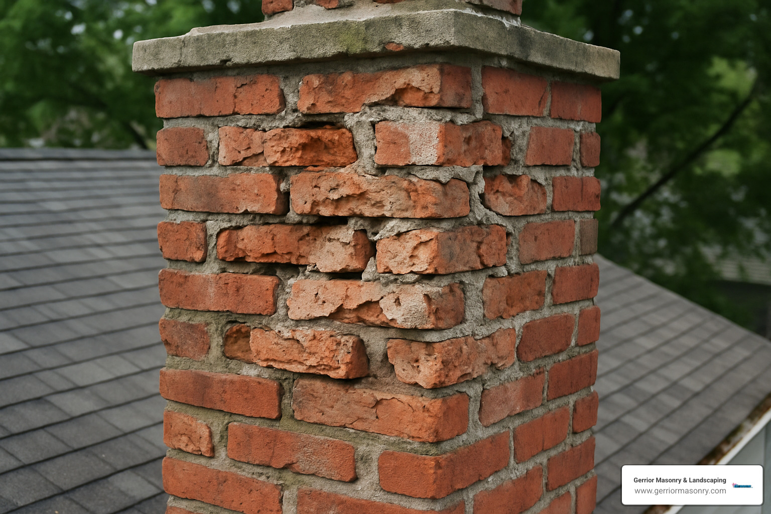 spalling bricks on a damaged chimney showing deteriorating brick faces - chimney repair services