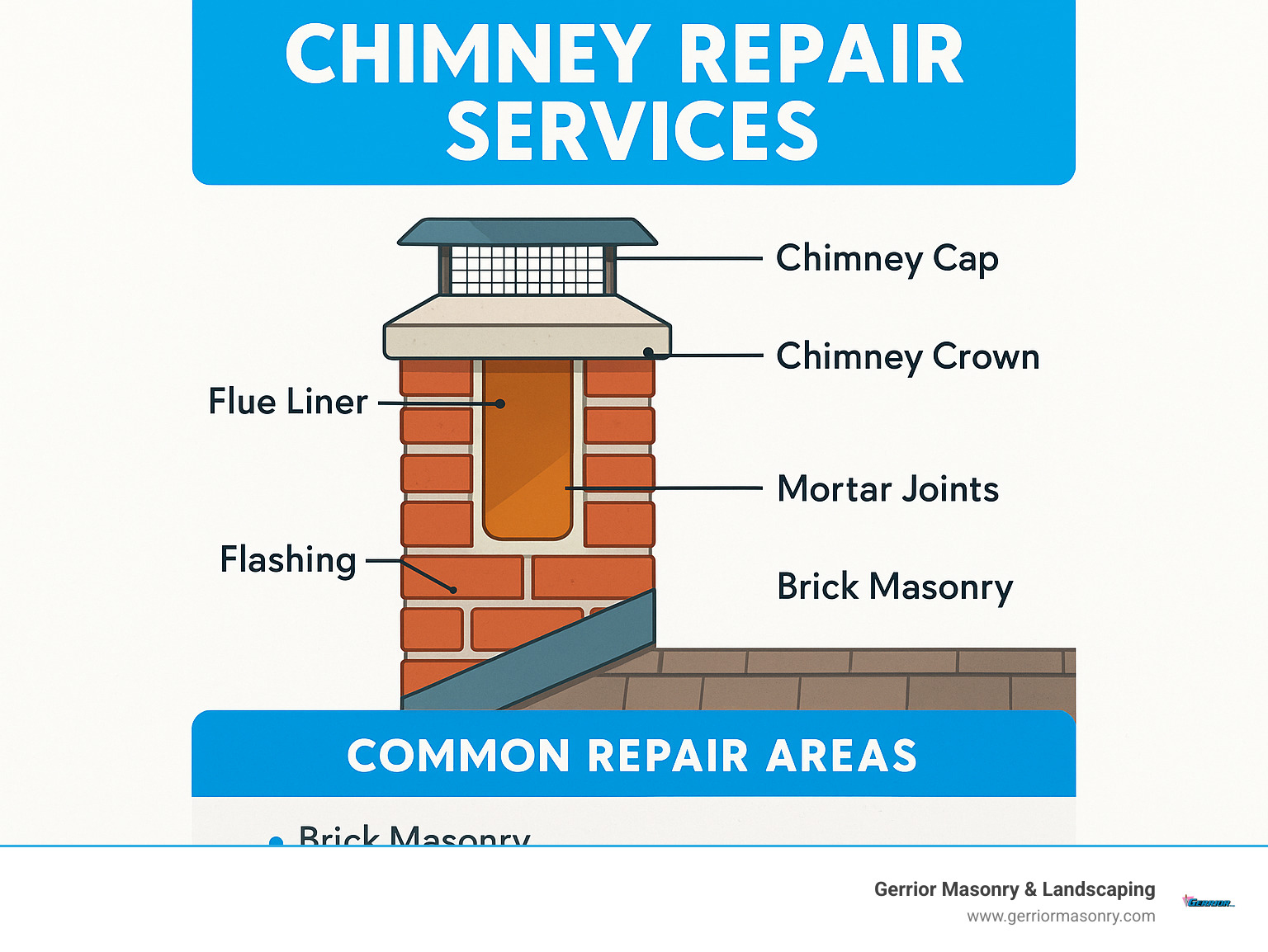 Detailed infographic showing chimney components including flue liner, chimney crown, chimney cap, flashing, mortar joints, and brick masonry with labels indicating common repair areas - chimney repair services infographic 