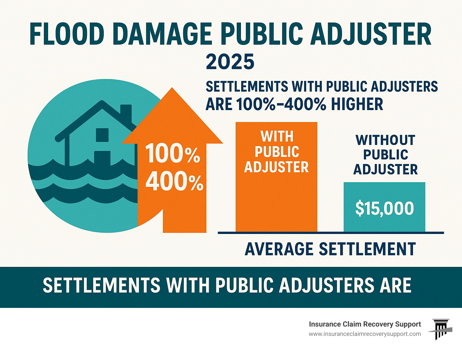 Statistical comparison showing that policyholders who hire public adjusters receive settlements that are 100-400% higher than those who handle claims themselves, with specific data on average settlements with and without public adjuster representation - flood damage public adjuster infographic  Statistical comparison showing that policyholders who hire public adjusters receive settlements that are 100-400% higher than those who handle claims themselves, with specific data on average settlements with and without public adjuster representation - flood damage public adjuster infographic