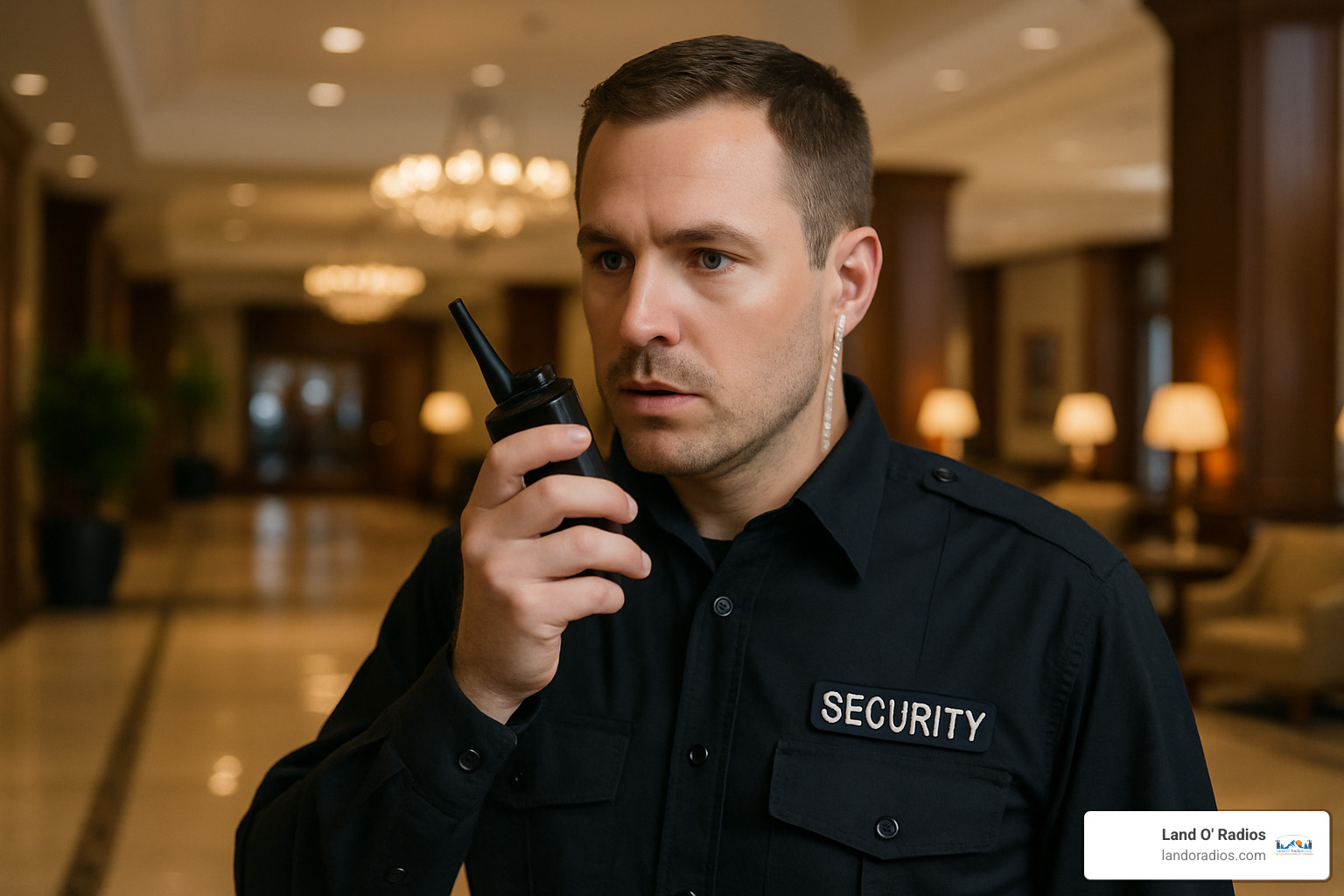 security guard using a radio with a covert earpiece in a hotel lobby - security team radios