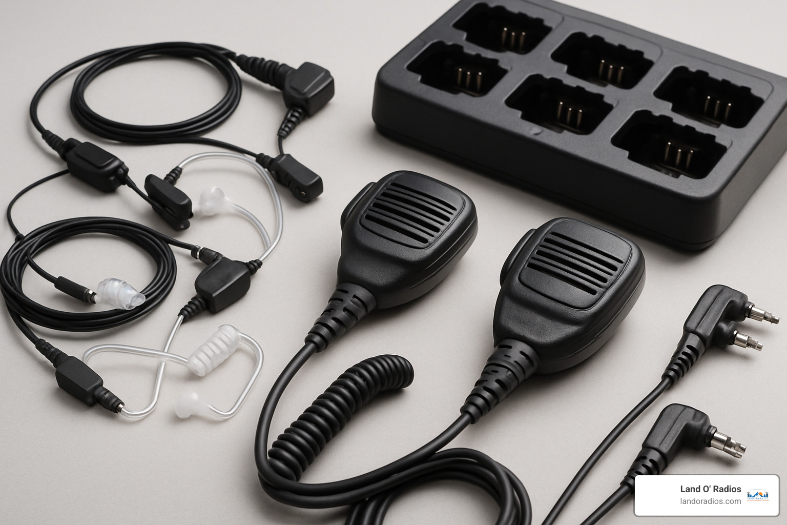 various radio accessories like earpieces, speaker mics, and multi-unit chargers - security team radios