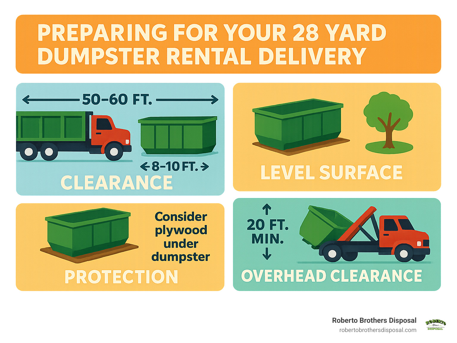 Infographic showing dumpster delivery preparation requirements including 50-60 feet clearance, 8-10 feet width, level surface, overhead clearance of 20 feet, and protection methods for driveways - 28 Yard Dumpster Rental infographic 