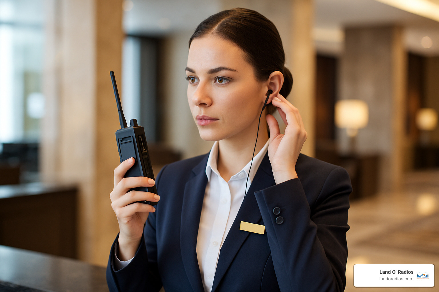 sleek lightweight radio with discreet earpiece being used by front desk agent - hospitality radios (hotels, restaurants)