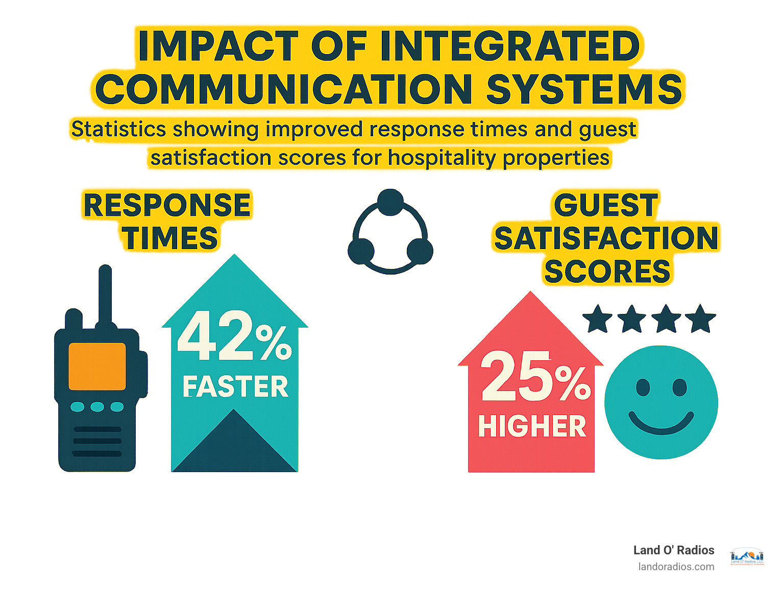 Statistics showing improved response times and guest satisfaction scores when hospitality properties implement integrated communication systems - hospitality radios (hotels, restaurants) infographic