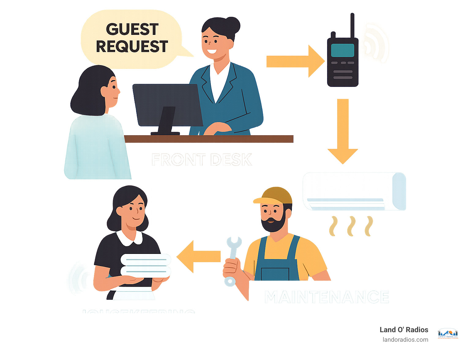 Infographic showing the flow of communication in a hotel from guest request at front desk through housekeeping and maintenance fulfillment, highlighting key touchpoints where radios accelerate service delivery and improve response times - hospitality radios (hotels, restaurants) infographic