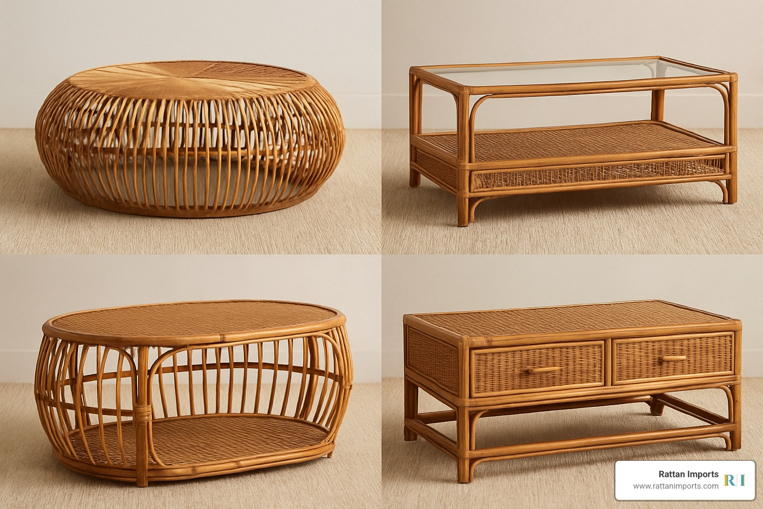 variety of rattan coffee table styles, including one with a glass top and another with storage drawers - natural rattan coffee table