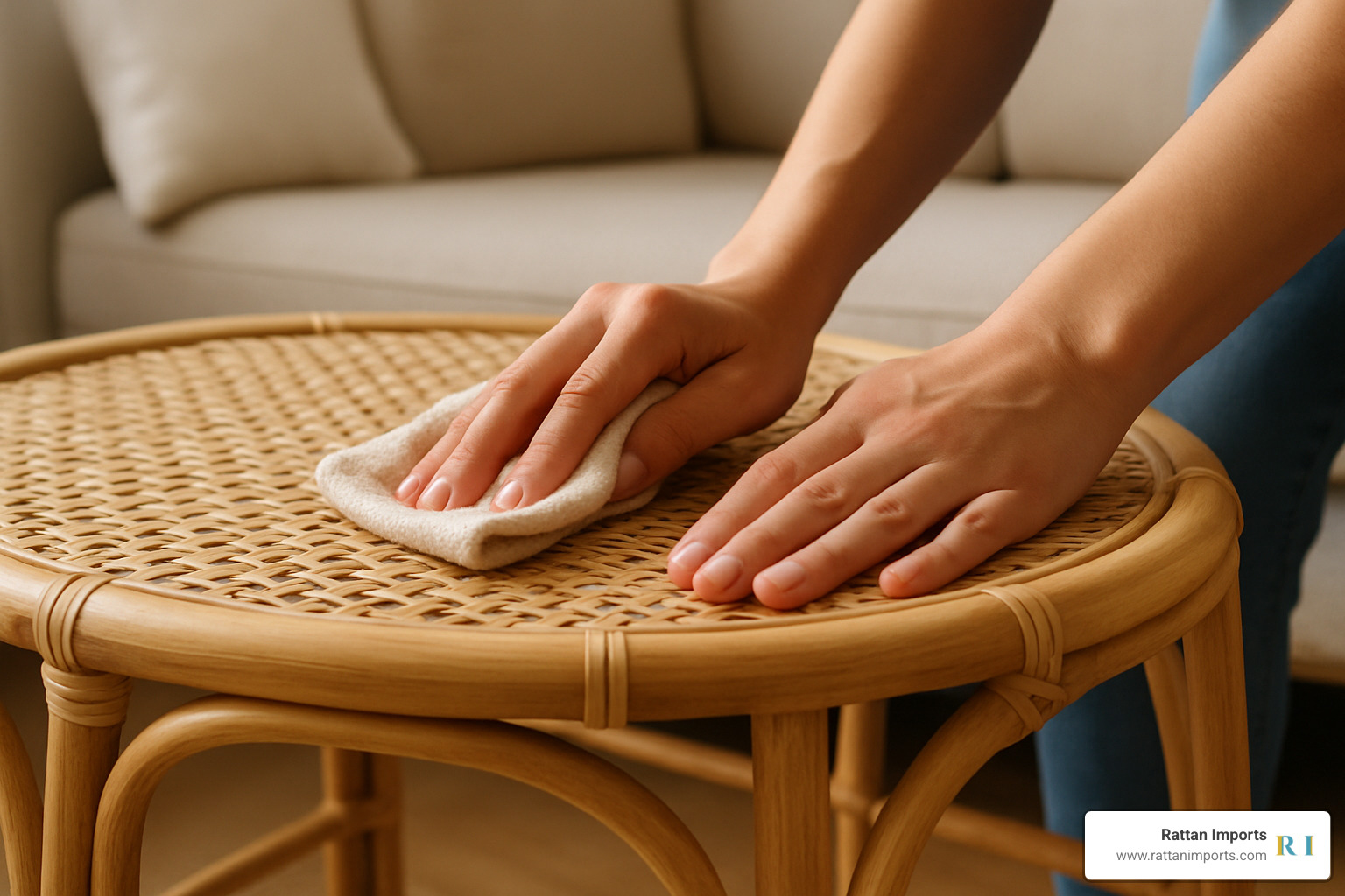 someone gently cleaning a rattan table with a soft cloth - natural rattan coffee table