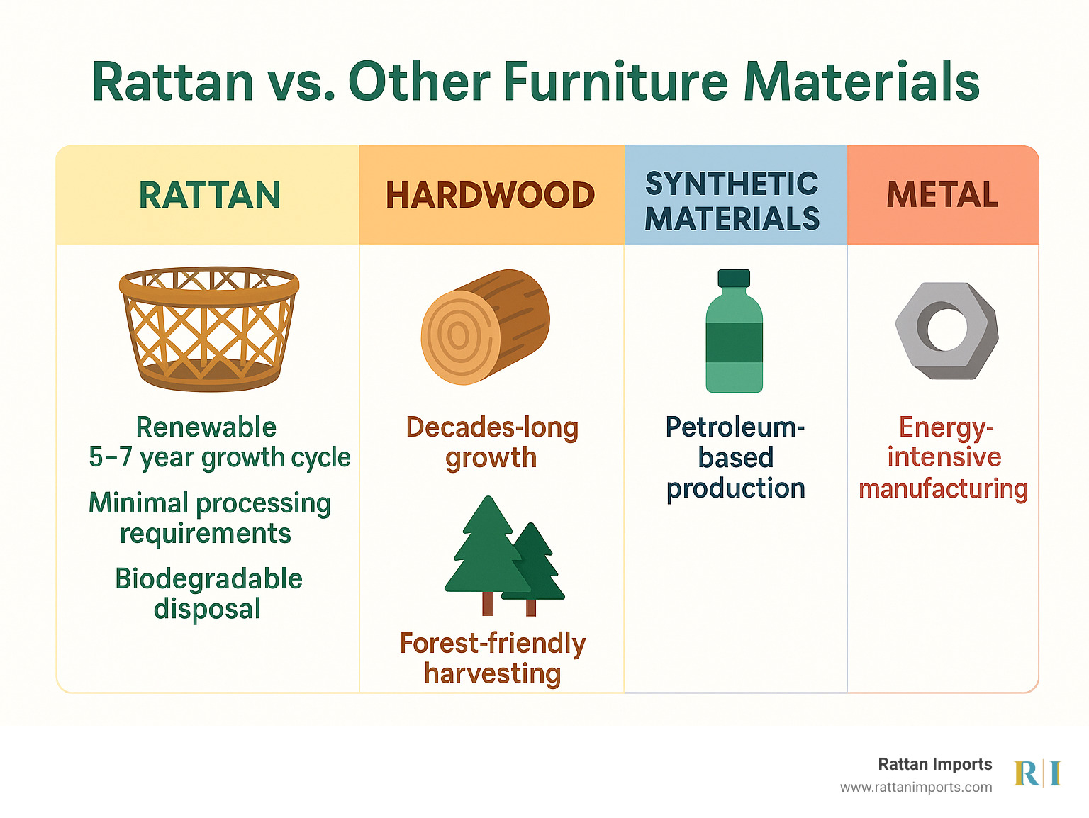 Infographic comparing environmental impact of rattan versus other furniture materials: rattan shows renewable 5-7 year growth cycle, minimal processing requirements, biodegradable disposal, and forest-friendly harvesting versus hardwood's decades-long growth, synthetic materials' petroleum-based production, and metal's energy-intensive manufacturing - natural rattan coffee table infographic 