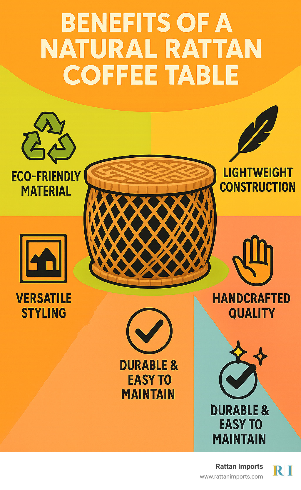 Infographic showing natural rattan coffee table benefits: eco-friendly renewable material, lightweight construction for easy rearrangement, versatile styling for multiple decor themes, handcrafted artisan quality with unique variations, durable construction supporting everyday use, and easy maintenance with simple cleaning requirements - natural rattan coffee table infographic 